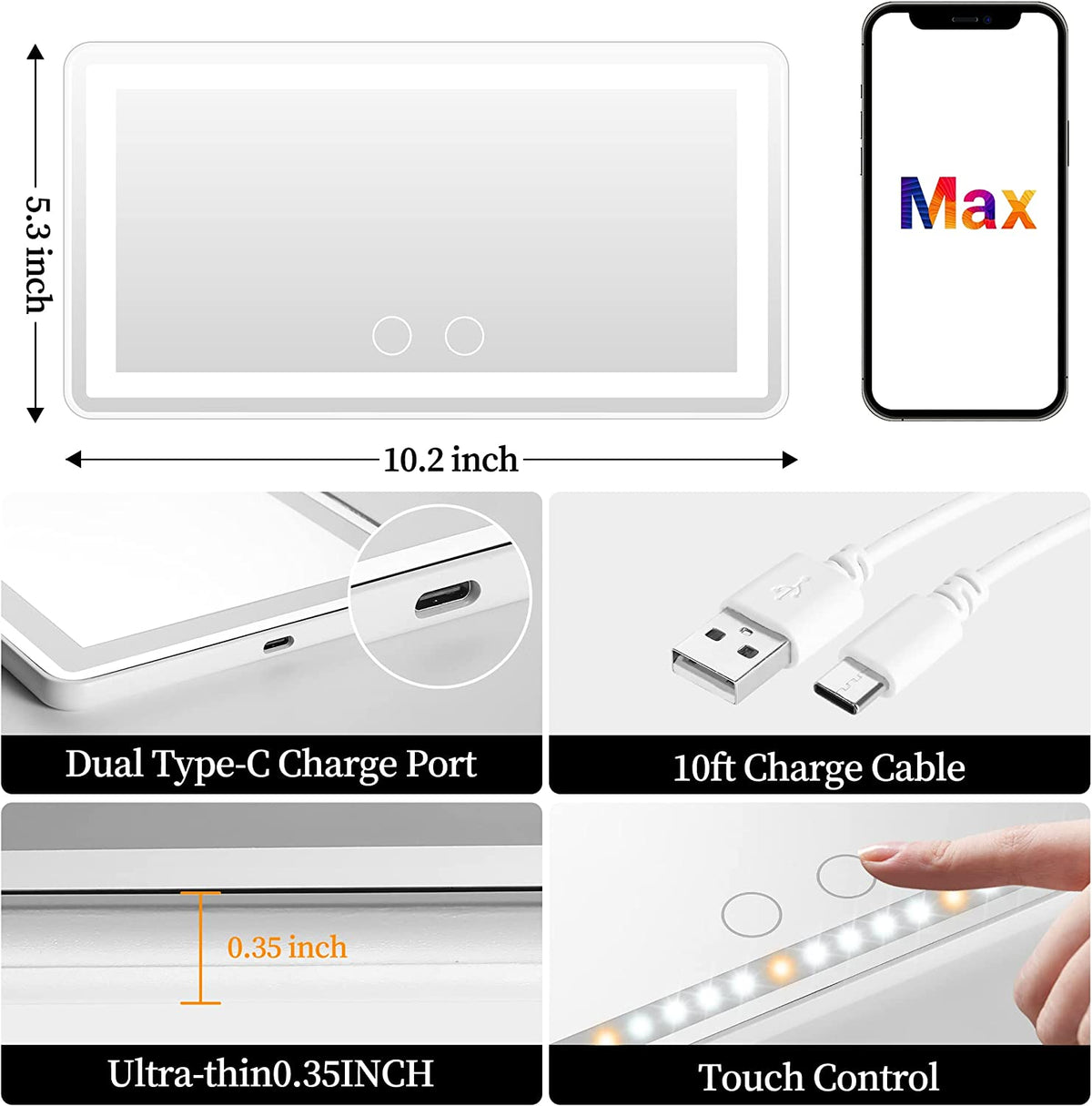 Car Sun Visor Vanity Mirror with Lights, Rechargeable Car Makeup Mirror | 3 Light Modes, Dimmable Touch Led Screen, Memory Function, Type-C Charge, Car Accessories, Birthday Gifts for Women Girl